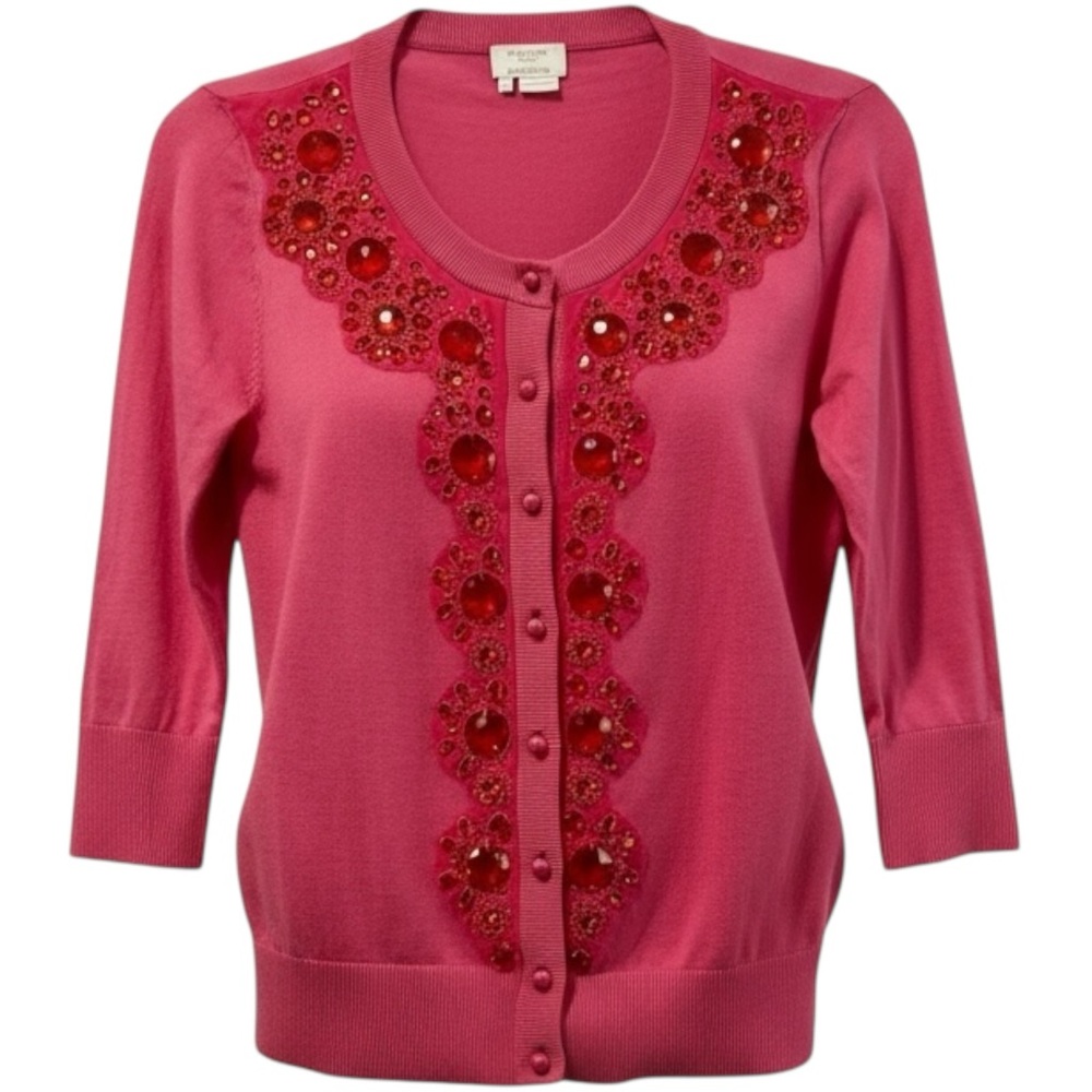 Kate Spade Beaded Embellished Cardigan Barbie‎ Pink Sweater 100% Cotton Size S